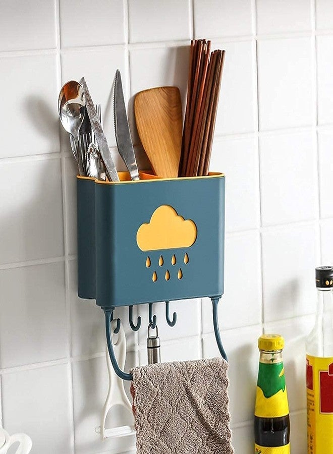 Judee Cloud Plastic Cutlery Holder for Kitchen Wall Hanging - 4 Hooks With Towel Holder, Wall Mounted Self Adhesive Spoon Organizer - Multicolour (1pcs) - Image 1